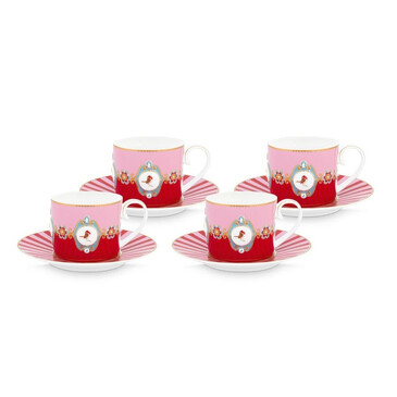 Набор чашек с блюдцами (4 шт. по 200 мл) Love Birds Red-Pink Pip Studio